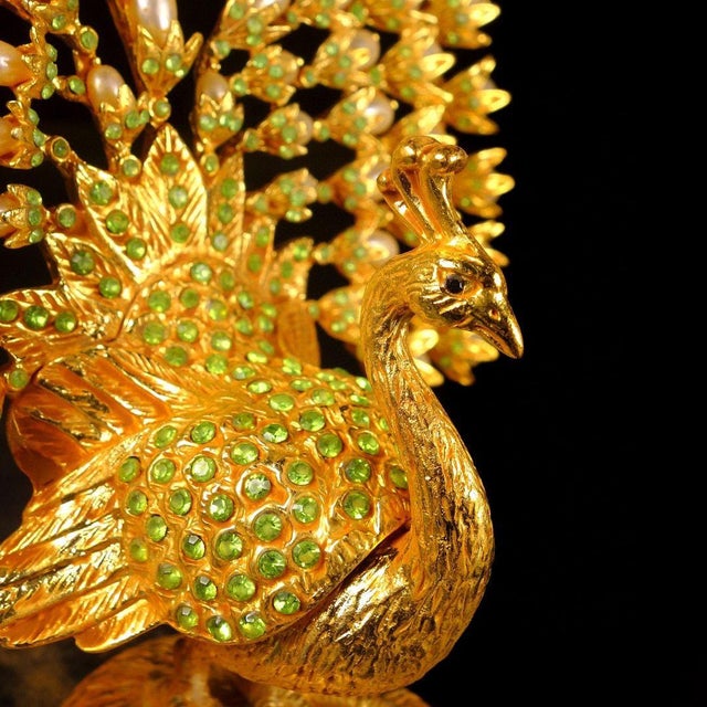 Green Vintage Gilt Metal Peacock Figurine With Faux Pearls & Green Stones - 345g For Sale - Image 8 of 9