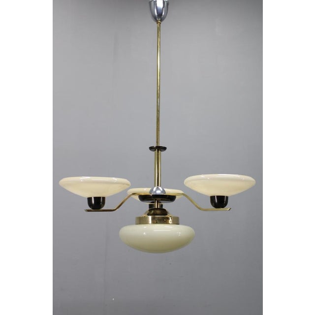 Art Deco Brass, Glass, and Aluminum Chandelier with Cream Glass, Czechoslovakia, 1930s For Sale - Image 3 of 14