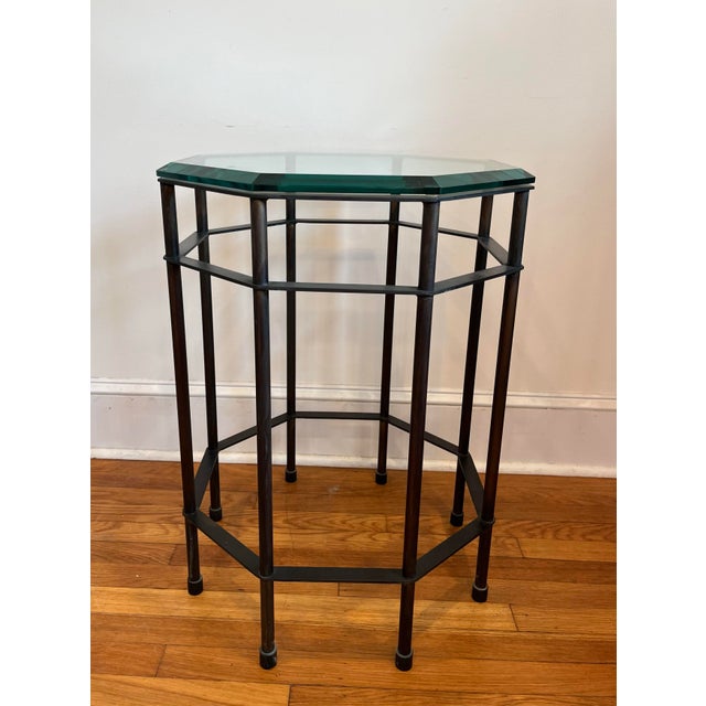 Campaign Patinated Brass and Beveled Glass Octagonal Side Table Campaign Style For Sale - Image 3 of 12