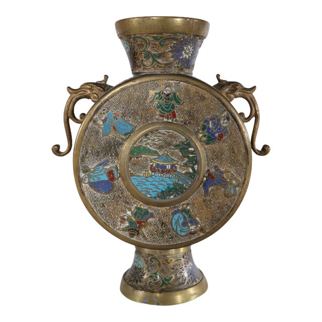 Vintage Chinese Handled Vase With Scenic Enameled Decorative Elements For Sale