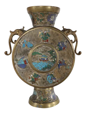 Vintage Chinese Handled Vase With Scenic Enameled Decorative Elements