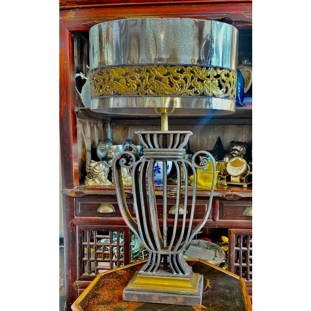 Polished Metal Shade & Wrought IronTable Lamp, France, 1940s For Sale - Image 12 of 18