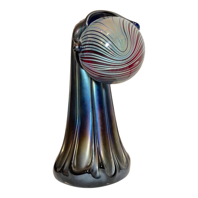 1980s Rare Hand Blown Aurene Iridescent Rainbow Glass Vase Holding Sphere Sculpture For Sale