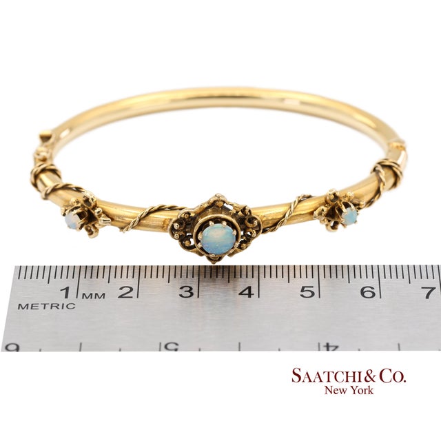 Vintage 14k 585 Solid Yellow Gold Natural Opal Bangale Bracelet For Sale - Image 11 of 12