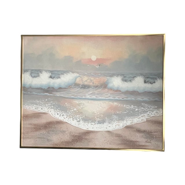 Vintage Postmodern 1970 Large Canvas Oil Ocean Painting Wall Art Pink Signed Nicol For Sale - Image 9 of 11