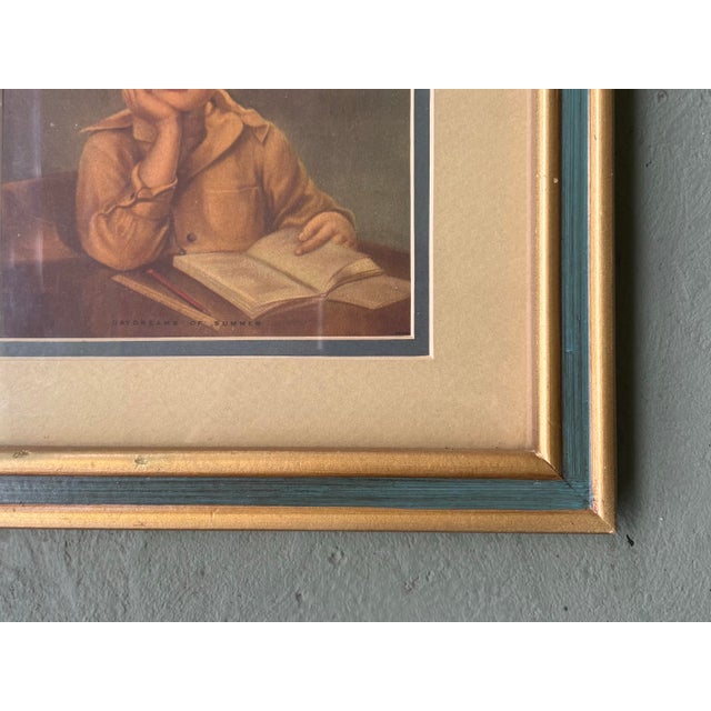 Vintage “Daydreams of Summer” Framed Lithograph – Mid-Century Child Portrait in Teal & Gilt Frame For Sale In Orlando - Image 6 of 7