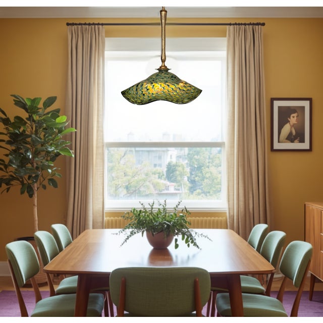 Ruffled Swirled Multicolor Green Art Glass and Brass Tone Pendant Light Signed R. Mynatt For Sale - Image 9 of 18