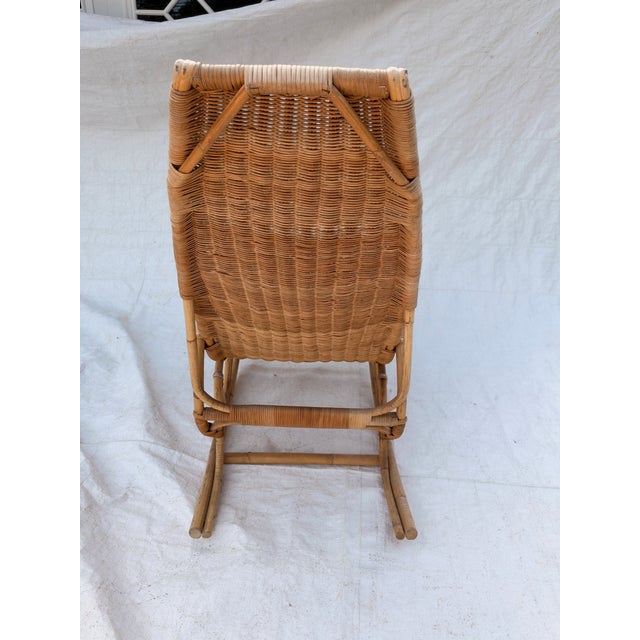 Vintage MCM French Style Rattan Bamboo Wicker Back Rocker For Sale In New York - Image 6 of 8