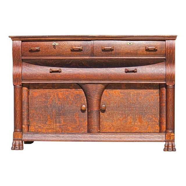 Antique Buffet | American Empire Server | Tiger Oak Sideboard With Carved Lion Paw Feet | Ogee Scroll Drawer | C1890-1915 | 54" Wide For Sale