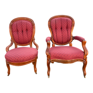 Pair of His/Hers Early 1900s Carved Wood Victorian Parlor Chairs