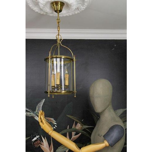 French Neoclassical Brass and Clear Glass Round Hanging Lantern, 1950s For Sale - Image 9 of 18