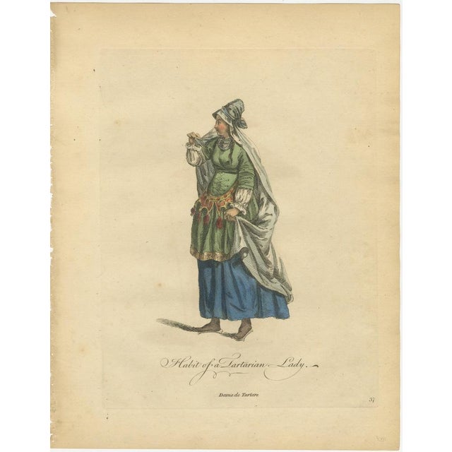 Tartar Princess Costume Study, Elegant Hand-Colored Engraving, 1749 This graceful engraving depicts a Tartar lady in...