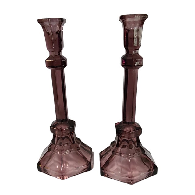 Vintage Pair Purple Pressed Glass Candlesticks For Sale - Image 9 of 9