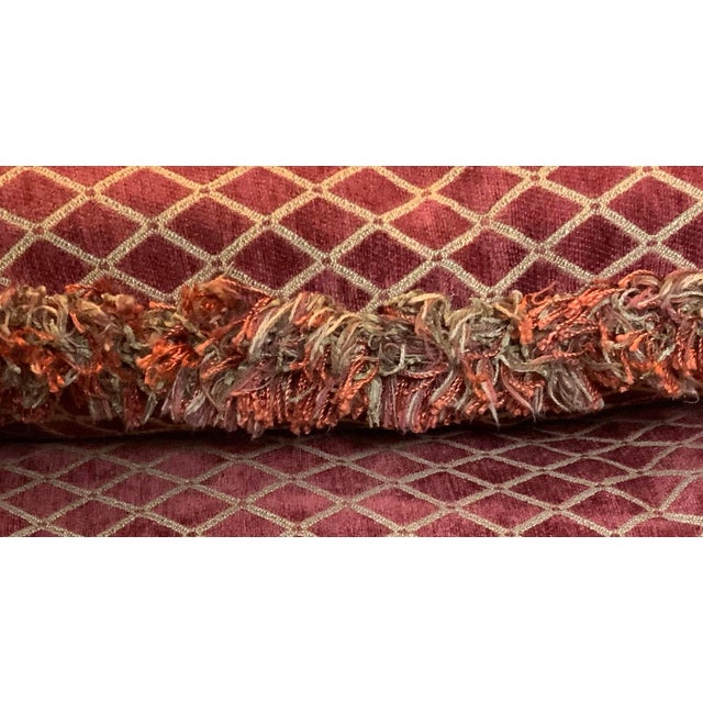 English Pair of Oversized 24” Oxblood & Tan Diamond‑Lattice Jacquard Pillows With Luxe Multicolor Brush Fringe - Cottage Core - Club Room - French Country For Sale - Image 3 of 6