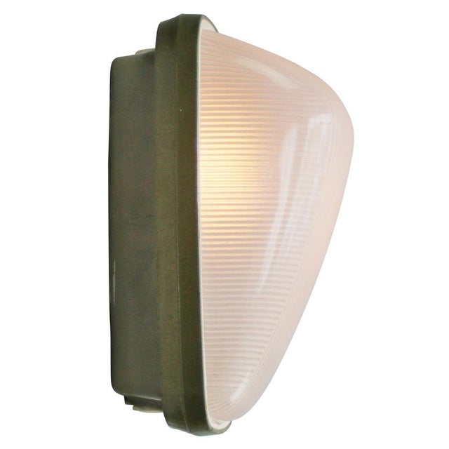 French Industrial wall / ceiling lamp Green cast aluminium with frosted cut glass. 3x green variation in stock E27 / E26...