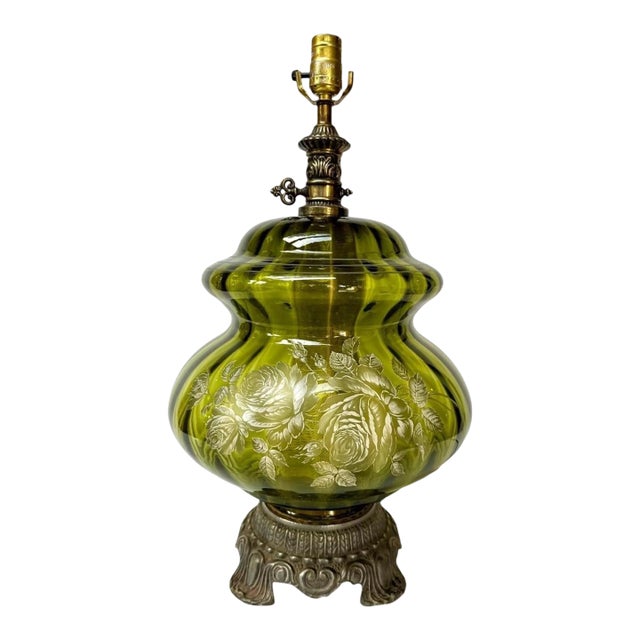 Vintage 1973 e.k. Olive Green Floral Glass Lighted Table Lamp For Sale