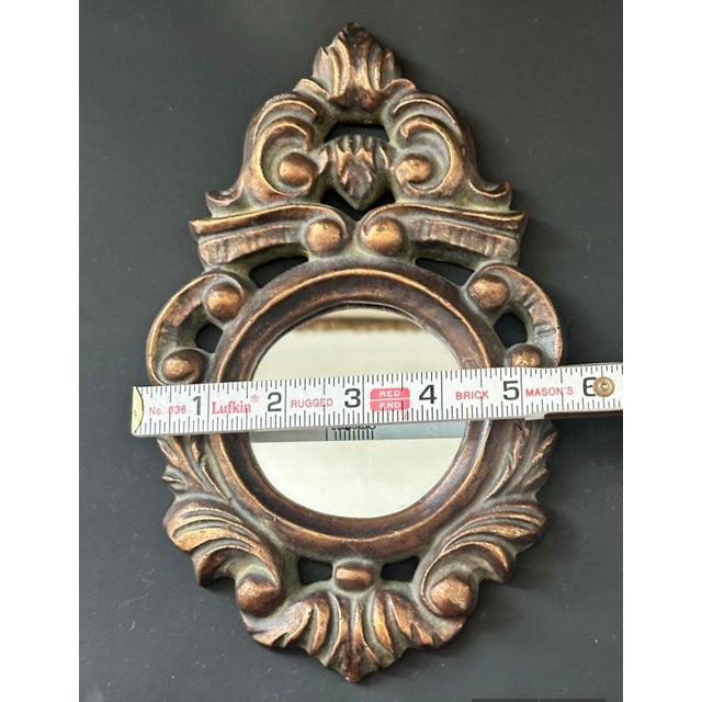 Bronze Vintage Venetian Gilded Mirror – Ornate Italian Tole Carved Frame, Petite Accent Mirror For Sale - Image 8 of 8