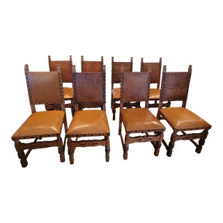 Early 20th Century Set of 8 Antique Spanish Leather Nailhead Dining Chairs For Sale