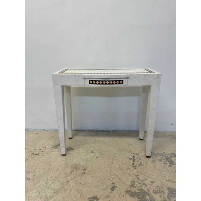Mid-Century Maitland Smith vanity, small writing desk or console table made with tessellated stone and brass inlay circa...