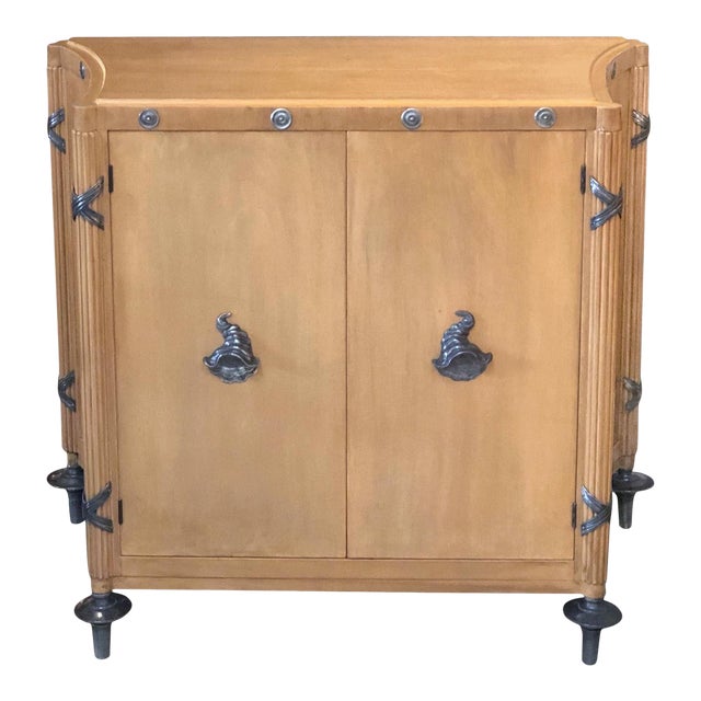 1940s French Sycamore 2-Door Cabinet With Pewter Mounts For Sale