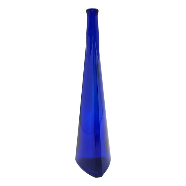 Pair of Tall Cobalt Blue Art Glass Bottles, Sculptural Cone Forms For Sale - Image 4 of 9