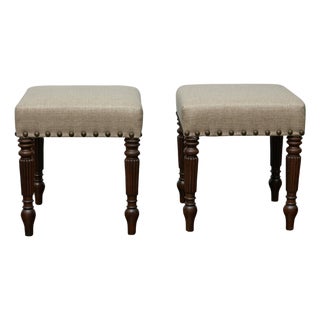Pair of 19th Century English Oak Stools with Custom Linen Upholstery For Sale