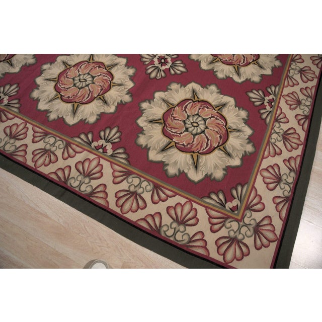 9x12 Vintage Aubusson Flat Weave Wool Rug, Raspberry Rosette For Sale - Image 9 of 12