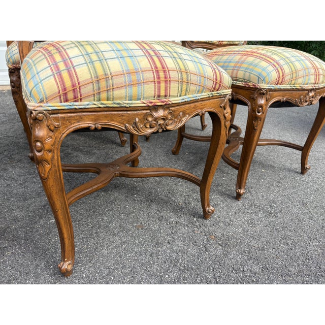 Vintage French Style Wood and Plaid Upholstered Dining Chairs- A Set of 6 For Sale - Image 4 of 11
