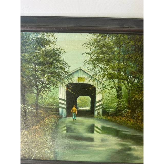 1970s 1970s Framed Painting of Covered Bridge For Sale - Image 5 of 10