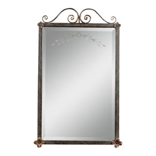 Art Nouveau French Style Cast Iron Wall Mirror With Applied Brass Rosettes & Beveled Etched Glass For Sale