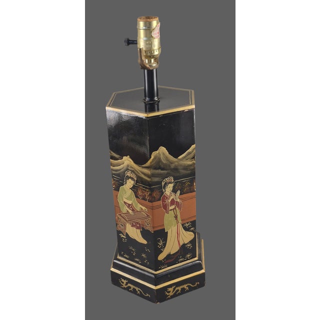 Late 20th Century Vintage Asian Black Lacquer Hexagonal Figural Chinoiserie Table Lamp For Sale - Image 5 of 12