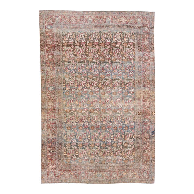 Allover Floral Handmade Antique Mahal Wool Rug in Earth Tones For Sale