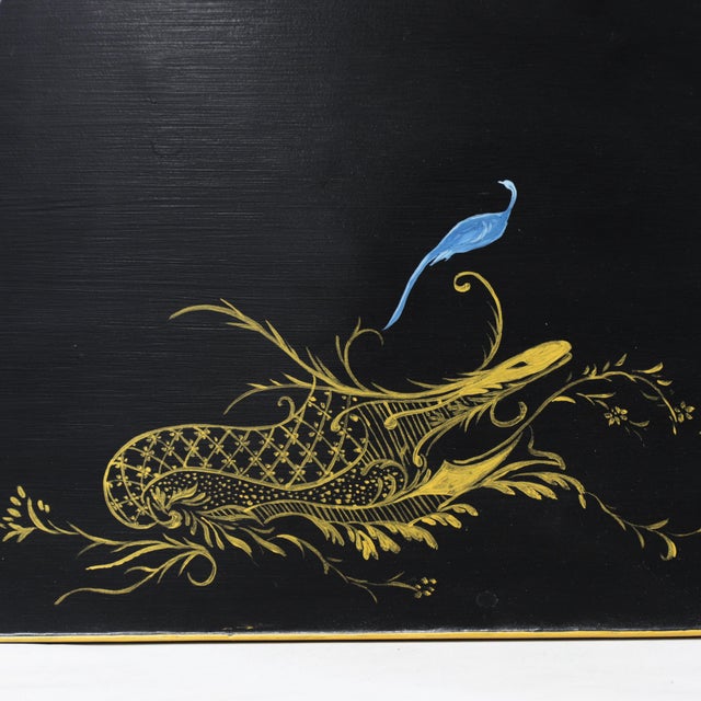 Pair of Vintage Black Lacquer Chinoiserie Side Tables With Gilt Peacock Motif For Sale - Image 12 of 16
