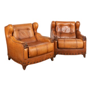 Pair, Vintage Brown Leather Wingback Club Chairs, Denmark Circa 1960-70 For Sale