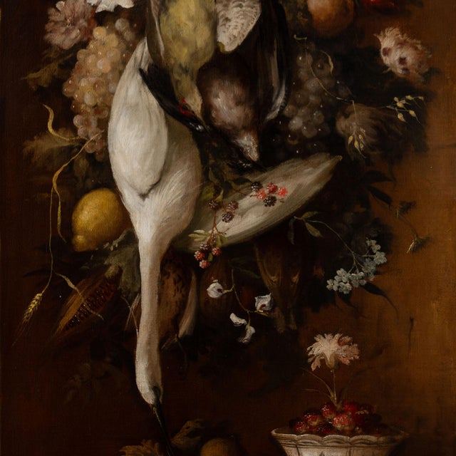 Original Oil on Canvas Still Life Painting of Foul, Flowers, and Fruit From Portugal For Sale - Image 6 of 10