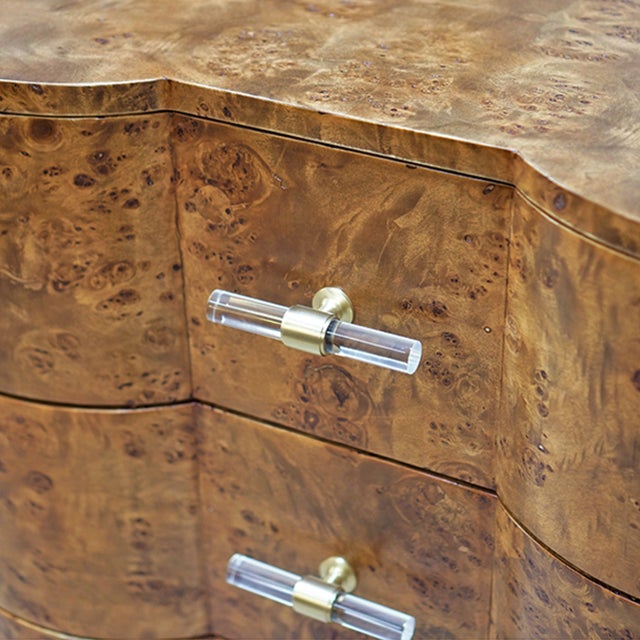 Matthew Izzo Home Calvin Dark Burlwood Three Drawer Side Table With Acrylic Drawer Pulls For Sale In New York - Image 6 of 6