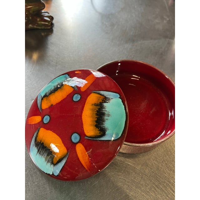 1970s Colorful Red Abstract Ceramic Bowl With Lid For Sale - Image 4 of 7