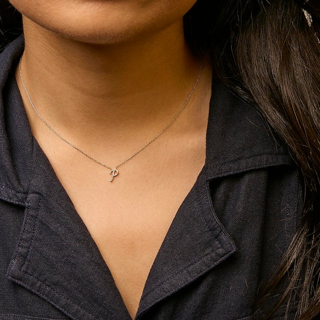 10K Yellow Gold Diamond Accent "P" Initial Script Style Pendant Necklace For Sale - Image 4 of 5