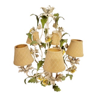 Vintage Tole Floral Yellow Rose Green Leaf 5 Light Chandelier Light Fixture For Sale