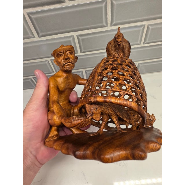 Copper Mid-Century Balinese Teak Cockfighter With Double-Rooster Openwork Cage Sculpture For Sale - Image 8 of 12