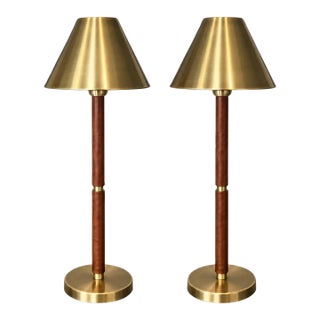 Mid-Century Modern Lauren Ralph Lauren Home Brass & Leather Buffet Table Lamps – Campaign Style Designer Lighting - Pair For Sale