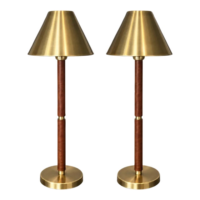 Mid-Century Modern Lauren Ralph Lauren Home Brass & Leather Buffet Table Lamps – Campaign Style Designer Lighting - Pair For Sale