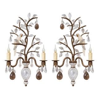 1980s French Baguès Style Rock Crystal, Smoky Quartz & Parrot Sconces - Pair For Sale