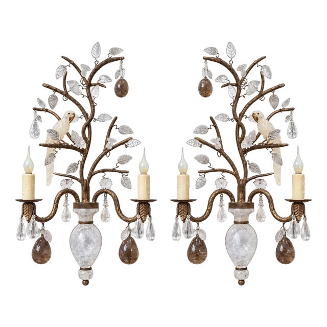 1980s French Baguès Style Rock Crystal, Smoky Quartz & Parrot Sconces - Pair For Sale