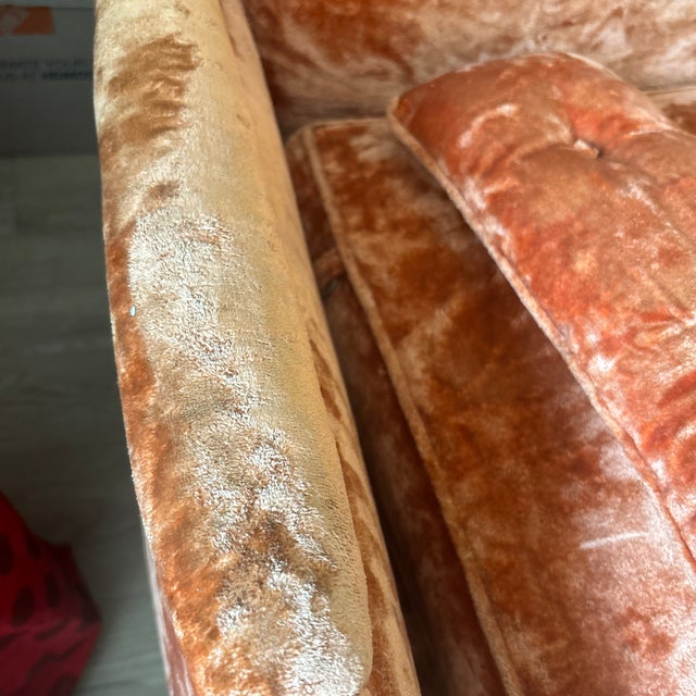 Vintage French Provincial Sofa in Rich Copper Crushed Velvet With Carved Wood Details and Cabriole Legs. Elegant, Warm, and Timeless. For Sale - Image 10 of 12