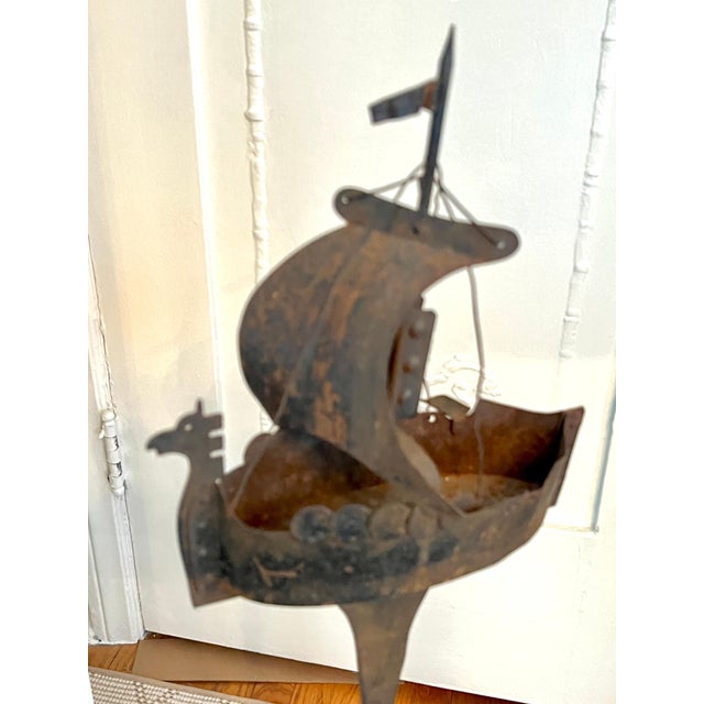 Brutalist and Heavily Patinated Metal Viking Ship 420 Sculpture Ashtray For Sale - Image 4 of 7
