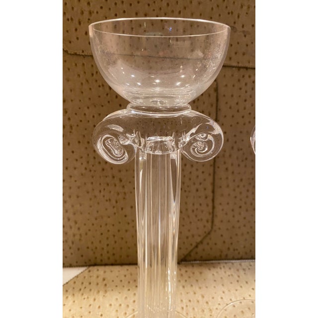 PAIR of Italian Glass Column Candlesticks with fluted columns and Corinthian crown holding a candle cup holder
