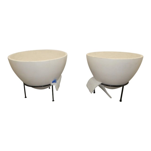 Mid Century Modern Atomic Age Planters With Wrought Iron Holders - a Pair For Sale