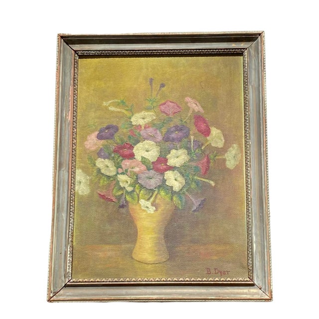 Early 20th Century “Petunias Floral Still Life” Oil Painting on Board Artist B Dyer For Sale - Image 13 of 13