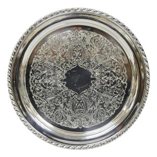 Vintage Oneida Victorian Style Round Silver Plated Serving Platter Bar Tray For Sale